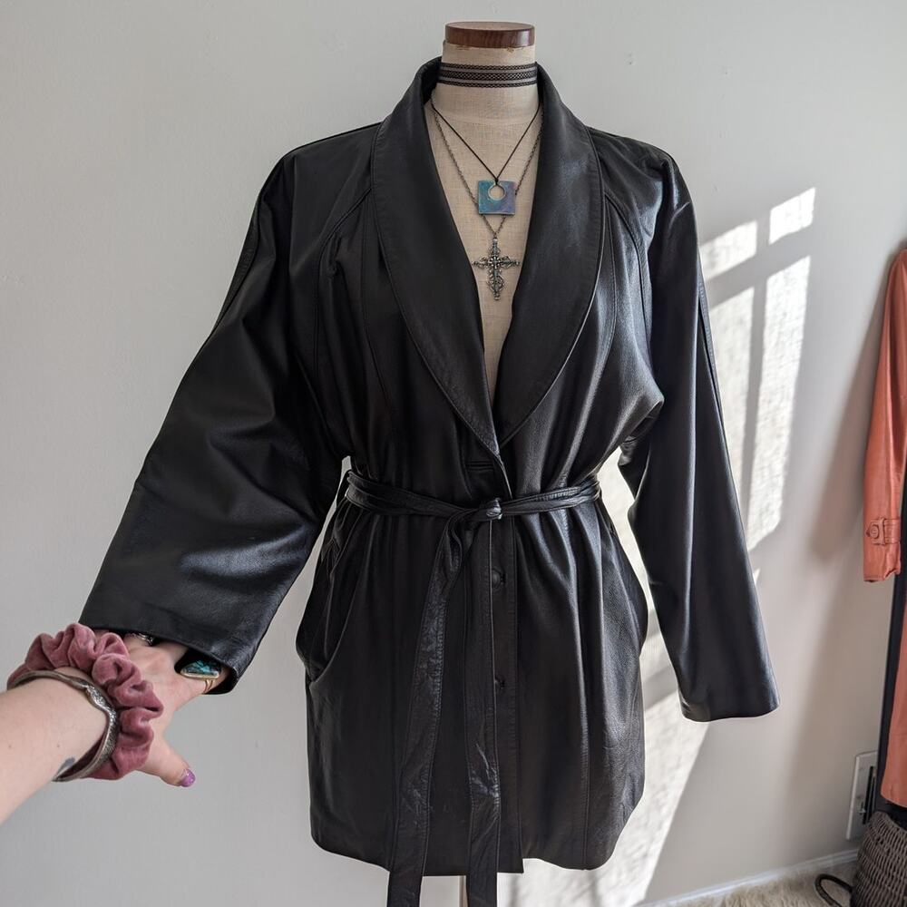 Vintage Black Leather Jacket Leather Trench Coat Minimalist Goth Duster Large XL